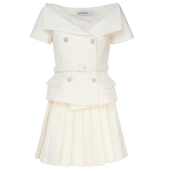 NEW Self-Portrait Boucle Pleated Mini Dress Ivory White Tweed Structured - Picture 2 of 10